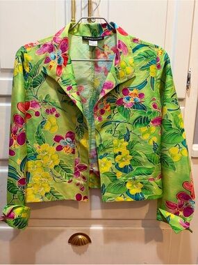 Vtg. Ladies Silk Jacket Transitions M Bright Lime green Floral Print